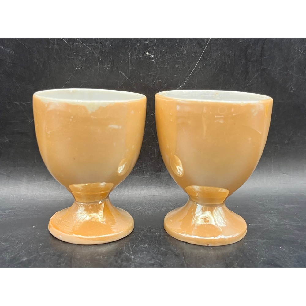 Vtg Peach Luster Porcelain Egg Cups Set of 2 Footed Pedestal Mid Century As Is‎